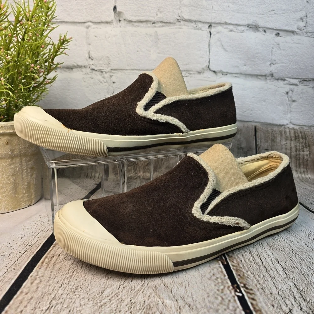 ALDO BROWN SUEDE SLIP ON SNEAKER LOAFER CREAM TRIM WOMENS SIZE 39 EURO